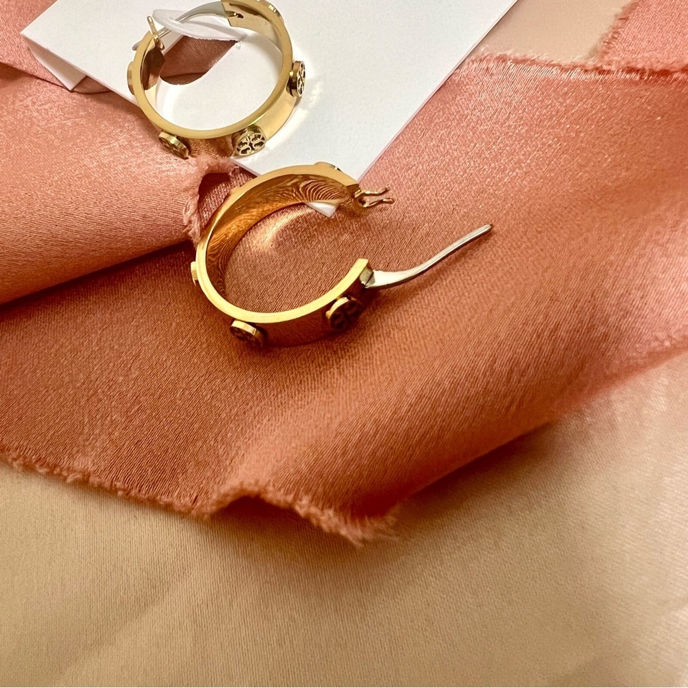 Tory Burch Miller Goldtone Logo Small Hoop Earrings - Picture 8 of 11